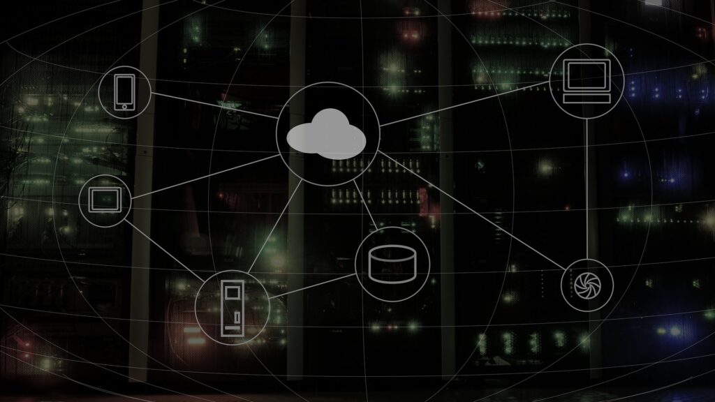 image of cloud surrounded by a computer, phone, tablet, server, and hardrive, showing uses of cloud technologies