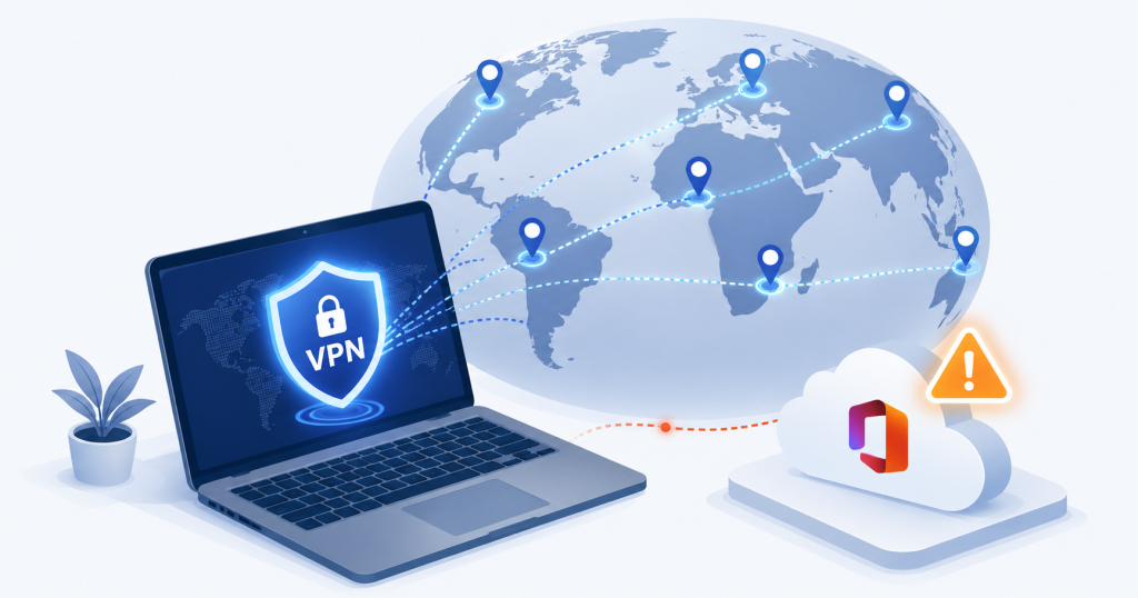 Are consumer VPNs safe for work — illustration showing a personal VPN connection triggering a security alert on a Microsoft 365 sign-in event