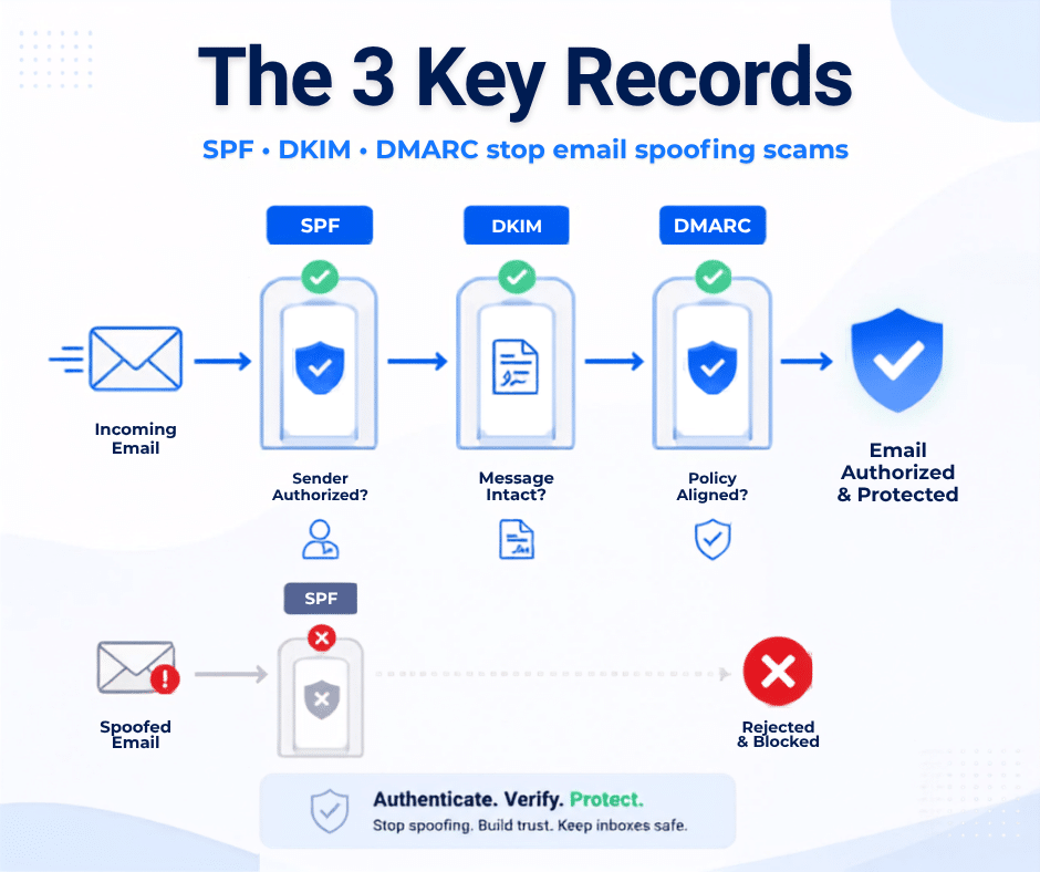 How to Stop Scammers from Sending Emails in Your Company's Name 2 email spoofing scams prevented by SPF DKIM and DMARC records