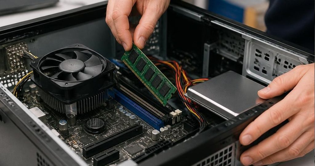 When to Replace Small Business Computers: 5 Signs and the 50% Rule 3 Technician checking RAM and solid-state drive specs on a small business computer