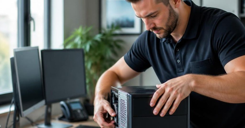 When to Replace Small Business Computers: 5 Signs and the 50% Rule 2 IT technician replacing an aging small business computer with a new desktop